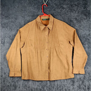 Western Button Blouse Pintuck Women XL Brown Faux Suede Pintuck Lemon Grass